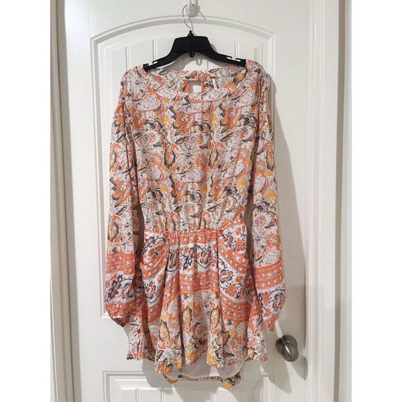 Free People Mini Pocket Dress Sun Ruffle Printed Long Sleeve Cut Out Back Button - Picture 4 of 12